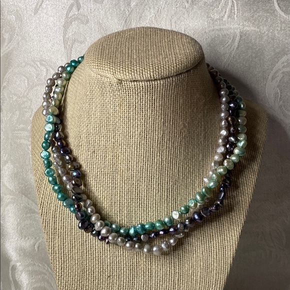 Jewelry - Sterling Silver Triple Strand Multi Colored Pearl Necklace